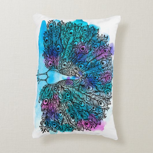 クジャクの美しい手描き鳥は、多くのデットから成る アクセントクッション (裏面(縦))