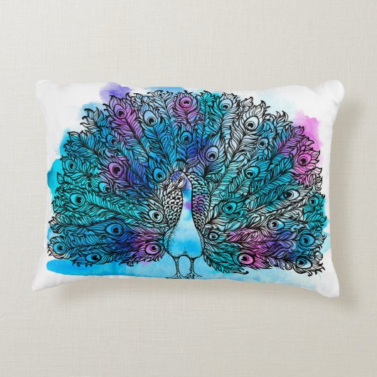 クジャクの美しい手描き鳥は、多くのデットから成る アクセントクッション (裏面)