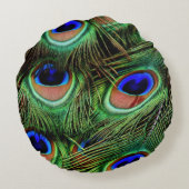 クジャクの羽が立ち上がる写真、青緑 ラウンドクッション (裏面)