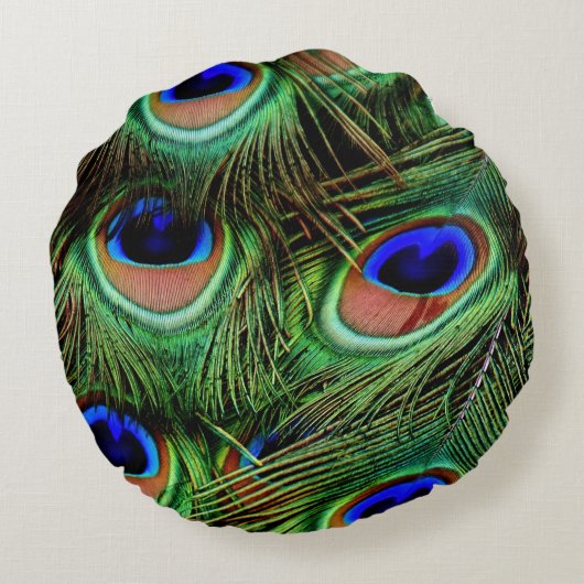 クジャクの羽が立ち上がる写真、青緑 ラウンドクッション (裏面)