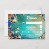 クジャクの羽の青い金ゴールドのマーブルな背景 出欠カード (正面)