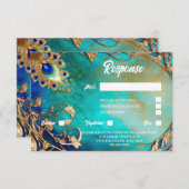 クジャクの羽の青い金ゴールドのマーブルな背景 出欠カード (正面/裏面)