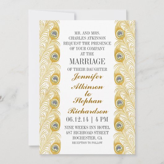 クジャクの羽クラシック白結婚式招待状 招待状 (正面)