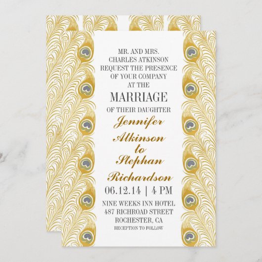 クジャクの羽クラシック白結婚式招待状 招待状 (正面/裏面)