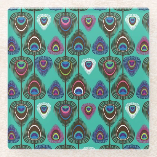 クジャクの羽毛のかわいい模様 ガラスコースター (正面)