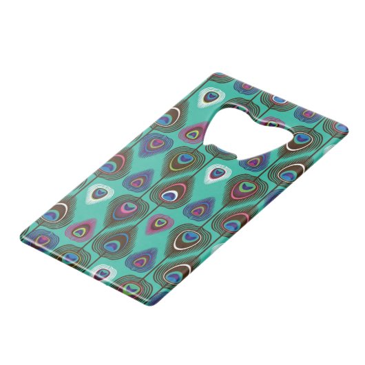 クジャクの羽毛のかわいい模様 クレジットカード栓抜き (正面アングル)