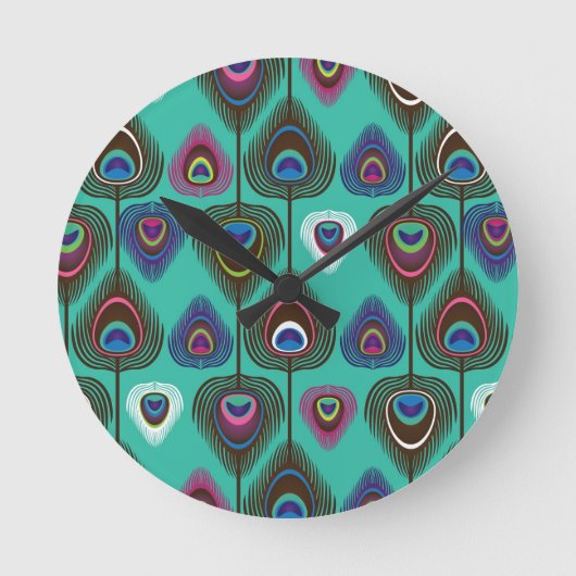 クジャクの羽毛のかわいい模様 ラウンド壁時計 (正面)