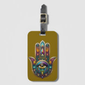 クジャクの色彩のhamsa+金色の第三の眼 ラゲッジタグ (正面縦)