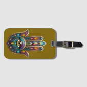 クジャクの色彩のhamsa+金色の第三の眼 ラゲッジタグ (正面横)