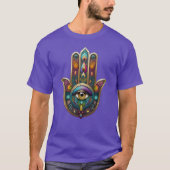 クジャクの色 ハムサ ゴールドの第三の眼付き Tシャツ (正面)