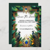 クジャクの鳥の豪華な羽の熱帯屋外 セーブザデート (正面/裏面)