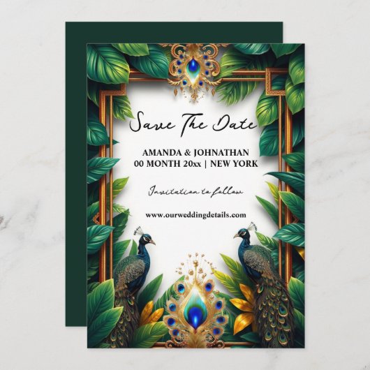 クジャクの鳥の豪華な羽の熱帯屋外 セーブザデート (正面/裏面)