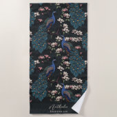 クジャクスタイリッシュと花の花嫁メイドブラック ビーチタオル (正面)