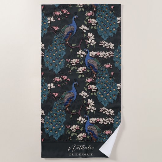 クジャクスタイリッシュと花の花嫁メイドブラック ビーチタオル (正面)