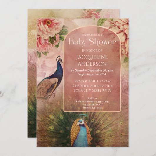クジャクモダンアーチ牡丹の花赤ちゃんシャワー 招待状 (正面/裏面)