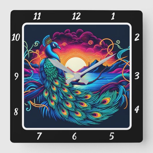 クジャク威厳のあるグロー スクエア壁時計 (正面)