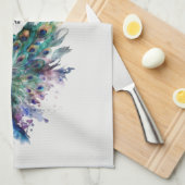 クジャク茶タオル、クジャクの羽、野鳥 キッチンタオル (四つ折り)