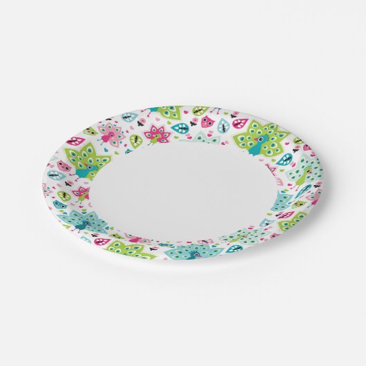 クジャク鳥とフクロウ ペーパープレート (アングル)