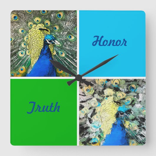 クジャックアートとアクア、緑の正方形 スクエア壁時計 (正面)