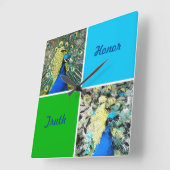 クジャックアートとアクア、緑の正方形 スクエア壁時計 (傾斜)