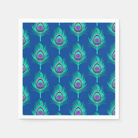 クジャックフェザー、アクアオン深いコバルトブルー スタンダードカクテルナプキン (正面)