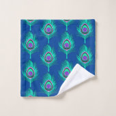 クジャックフェザー、アクアオン深いコバルトブルー バスタオルセット (ウォッシュタオル)