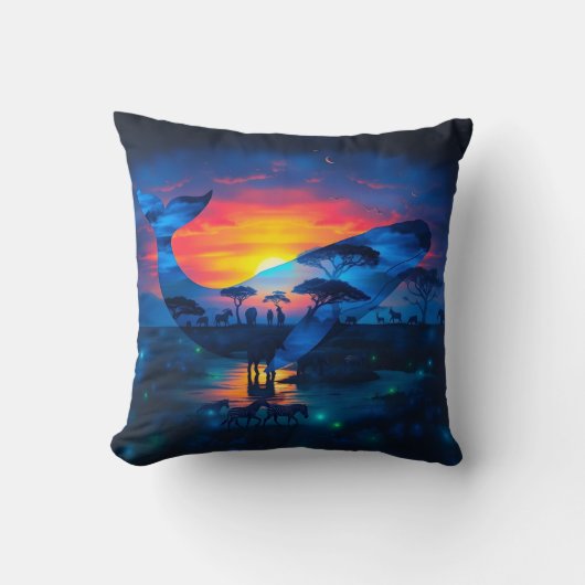 クジラとアフリカ野生動物の日没の二重暴露 クッション (正面)