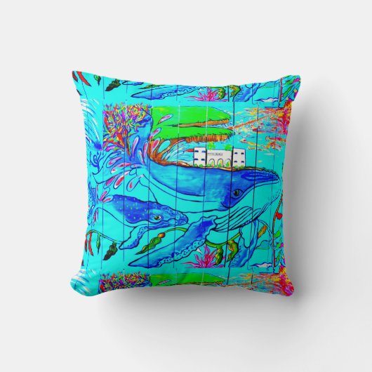 クジラとイルカの青い枕 クッション (正面)