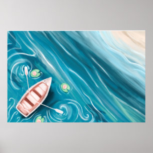 クジラとリリーパッドを持つ湖が油絵 ポスター