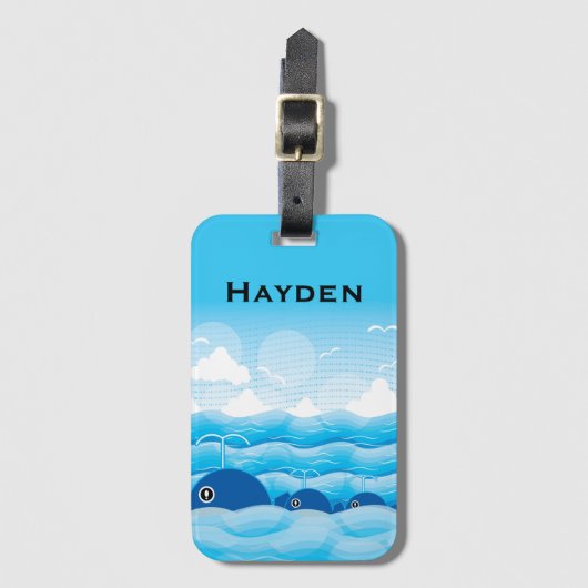 クジラと波海青パーソナライズされた ラゲッジタグ (正面縦)