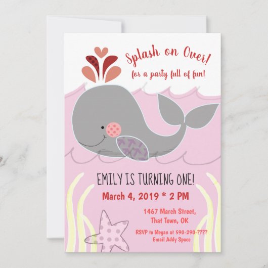 クジラのスプラッシュオーバー ファーストバースデー招待状 招待状 (正面)