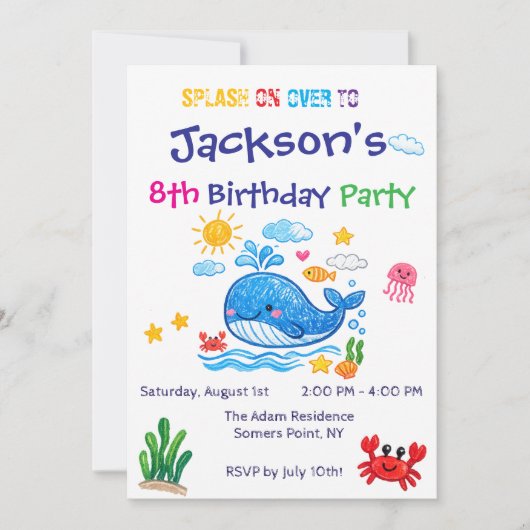 クジラのテーマの夏の子供の誕生日招待状カード 招待状 (正面)