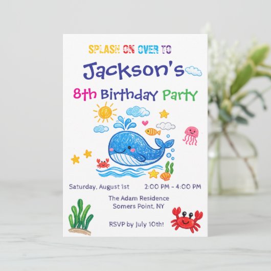 クジラのテーマの夏の子供の誕生日招待状カード 招待状 (スタンド正面)