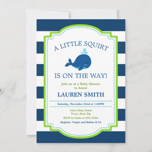 クジラのベビーシャワーの招待状の男の赤ちゃん 招待状 (正面)