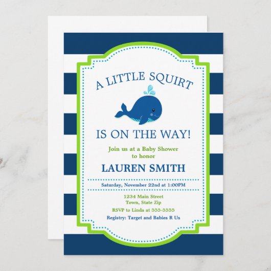 クジラのベビーシャワーの招待状の男の赤ちゃん 招待状 (正面/裏面)
