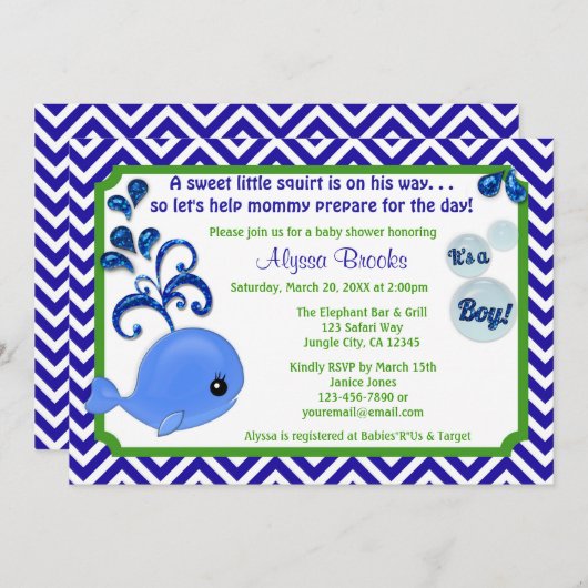 クジラのベビーシャワー招待状のシェブロンの青緑 招待状 (正面/裏面)