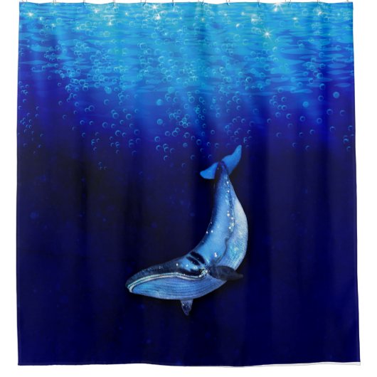 クジラの垂直方向の移動シーンを下へ(海深度) シャワーカーテン (正面)