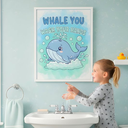 クジラの子供用バスルームウォールアート「手を洗ってね」 ポスター