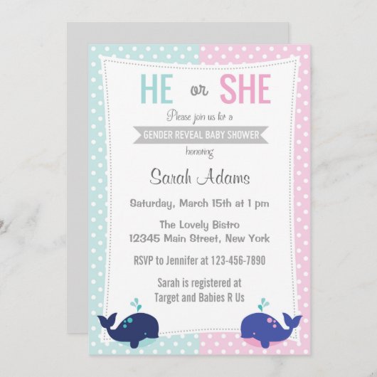 クジラの性はパーティの招待状の青いピンクを明らかにします 招待状 (正面/裏面)
