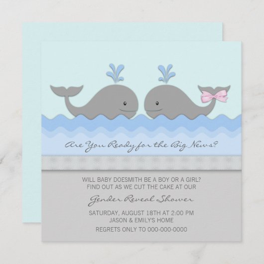 クジラの性別が赤ちゃんシャワーを明らかにする 招待状 (正面/裏面)