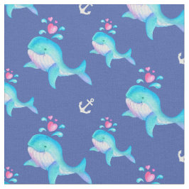 クジラの水彩といかりのアートパターン ファブリック