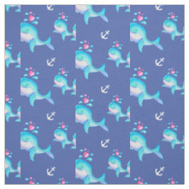 クジラの水彩といかりのアートパターン ファブリック