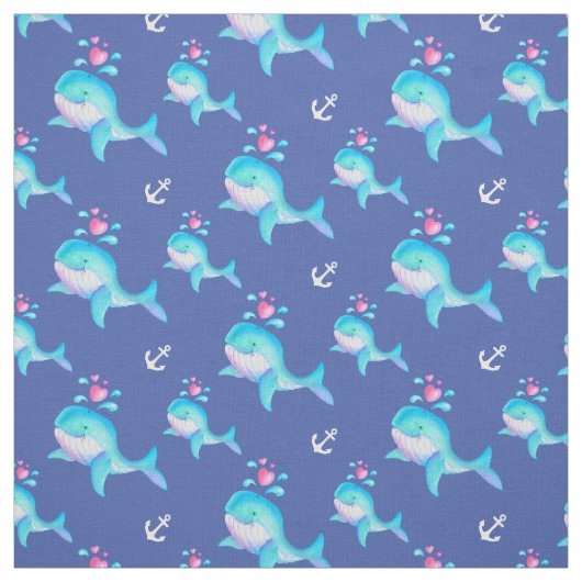 クジラの水彩といかりのアートパターン ファブリック (見本)