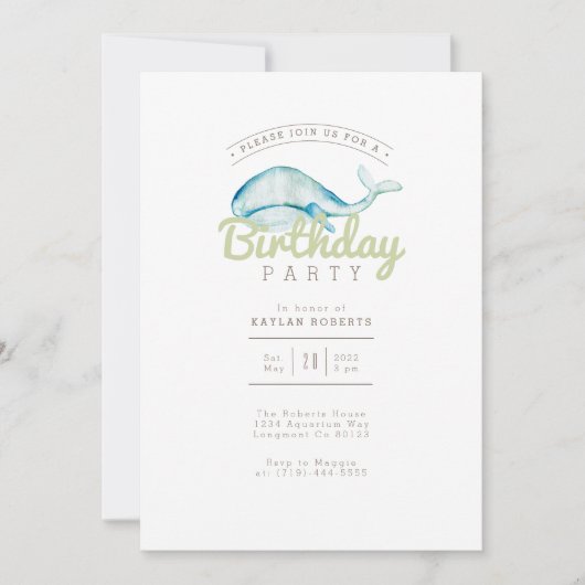 クジラの水彩 |誕生日パーティー |海ライフ 招待状 (正面)