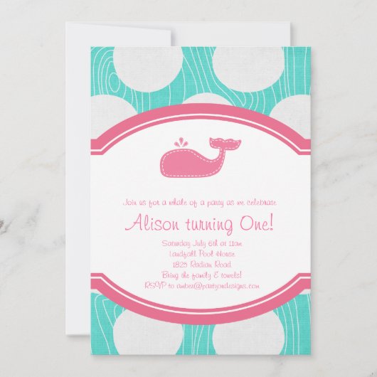 クジラの水玉模様のプールを囲んでのパーティの水およびピンクのモダン 招待状 (正面)