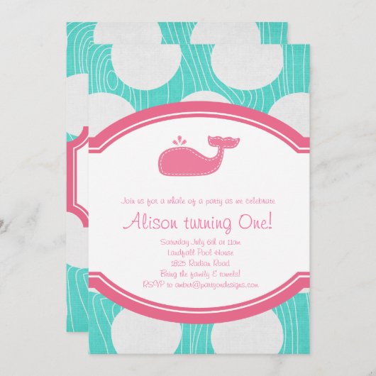 クジラの水玉模様のプールを囲んでのパーティの水およびピンクのモダン 招待状 (正面/裏面)