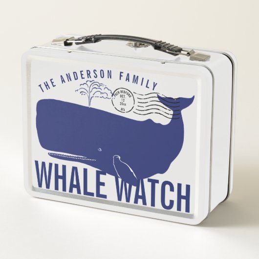 クジラの腕時計のシロナガスクジラの姓の消印 メタルランチボックス (裏面)
