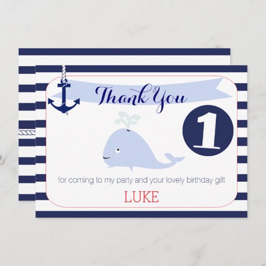 クジラの航海のな第1誕生日は平らなカード感謝していしています サンキューカード (正面/裏面)