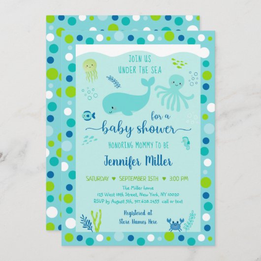 クジラの赤ちゃん航海ののシャワーの下の青 招待状 (正面/裏面)