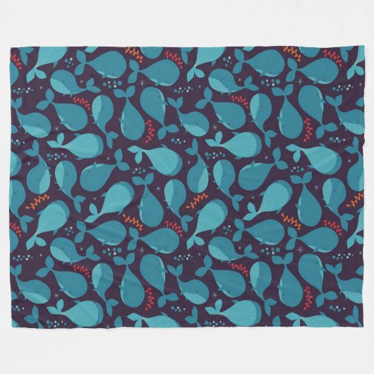 クジラの青い模様 フリースブランケット (正面(横))